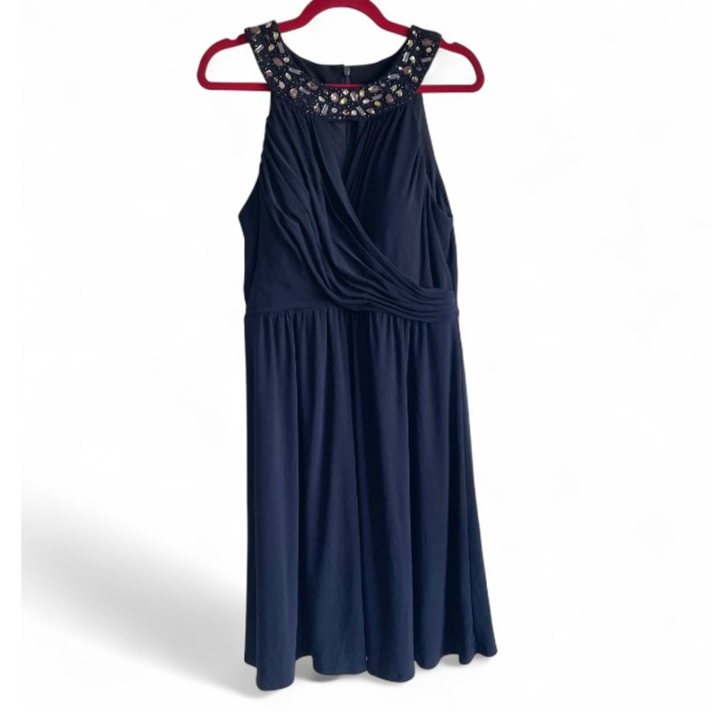 J. Howard Navy Blue Rhinestone Neck Formal Midi Dress Size 12